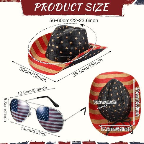 4 Pcs Memorial Day American Flag Cowboy Hat Novelty Classic Decorative Sunglasses USA Cowboy Hat Vintage American Flag Glasses for Unisex Women Men Flag Day Decoration Supplies in Saudi Arabia