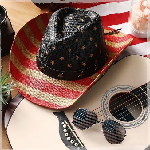 4 Pcs Memorial Day American Flag Cowboy Hat Novelty Classic Decorative Sunglasses USA Cowboy Hat Vintage American Flag Glasses for Unisex Women Men Flag Day Decoration Supplies in Saudi Arabia