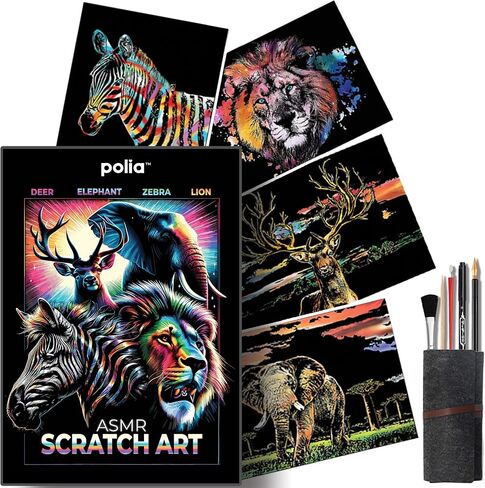 ASMR Scratch Art Set (Satisfying) - Animal 4 Pack with Toolkit Art Supplies (Zebra, Lion, Elephant, Deer) Scratch Tools and Repair Pen - Large Canvas 16x11 inches - Relaxing Etch Sound Art Kit in Saudi Arabia