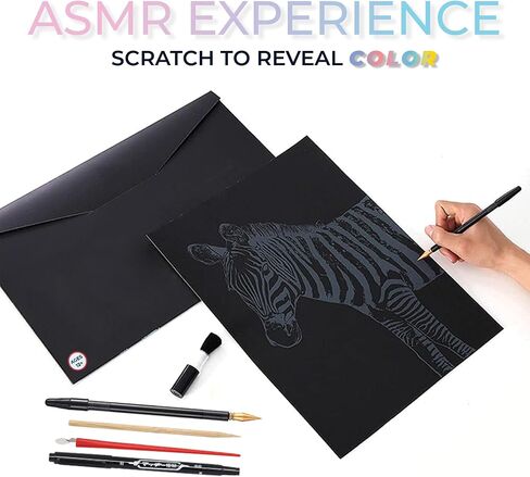 ASMR Scratch Art Set (Satisfying) - Animal 4 Pack with Toolkit Art Supplies (Zebra, Lion, Elephant, Deer) Scratch Tools and Repair Pen - Large Canvas 16x11 inches - Relaxing Etch Sound Art Kit in Saudi Arabia