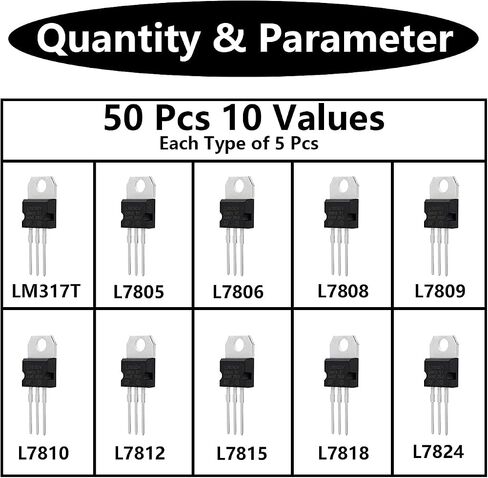 50 Pcs Voltage Regulator, Yiwanson Voltage Regulator Assortment Assorted Kit, LM317T L7805 L7806 L7808 L7809 L7810 L7812 L7815 L7818 L7824, TO-220 Package High Current Positive Voltage Regulator kit in Saudi Arabia