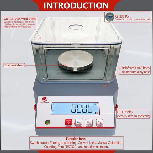 AMGPRSTE Lab Precision Milligram 500g x 1mg Analytical Balance | High Accuracy Digital Scientific Scale | 0.001 Gram Scale Weighs Scale Centigram Scale Calibrated Scales With RS232 Port and Windshield in Saudi Arabia