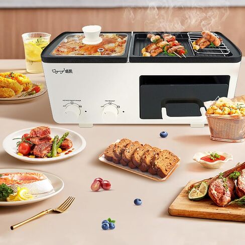 4 in 1 Hot Pot Electric with Grill and Frying Basket, Non-Stick Multi-Cooker with Independent Dual Temperature Control and Fast Heating for Korean BBQ, Simmer, Boil, Fry, Roast, Off white in Saudi Arabia