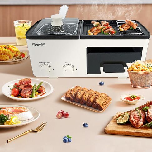 4 in 1 Hot Pot Electric with Grill and Frying Basket, Non-Stick Multi-Cooker with Independent Dual Temperature Control and Fast Heating for Korean BBQ, Simmer, Boil, Fry, Roast, Off white in Saudi Arabia