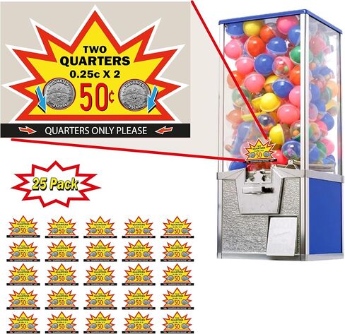 ملصق سعر آلة العلكة - ملصق سعر 50 سنتًا لعرض آلة بيع الكبسولات الكبيرة. ملصق ذو وجهين لآلة العلكة - ملصق خلفي مقاس 2 × 0.25 - لوازم آلات البيع - (25 عبوة) in Kuwait