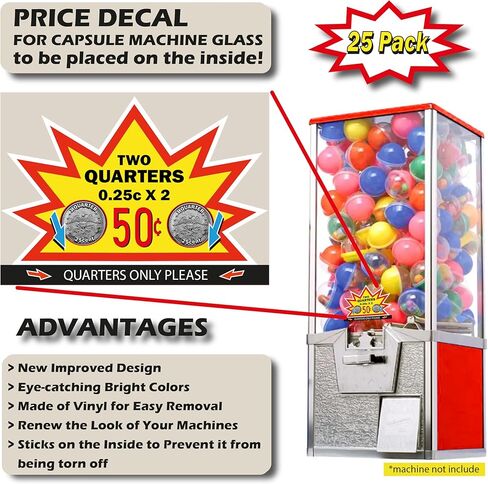 ملصق سعر آلة العلكة - ملصق سعر 50 سنتًا لعرض آلة بيع الكبسولات الكبيرة. ملصق ذو وجهين لآلة العلكة - ملصق خلفي مقاس 2 × 0.25 - لوازم آلات البيع - (25 عبوة) in Kuwait