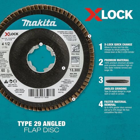 ماكيتا T-03894 X-Lock 4‑1/2 بوصة 40 حبيبة نوع 29 قرص طحن وتلميع بزاوية لقفل X وجميع المطاحن الأربور 7/8 بوصة in Saudi Arabia