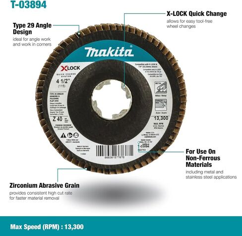 ماكيتا T-03894 X-Lock 4‑1/2 بوصة 40 حبيبة نوع 29 قرص طحن وتلميع بزاوية لقفل X وجميع المطاحن الأربور 7/8 بوصة in Saudi Arabia