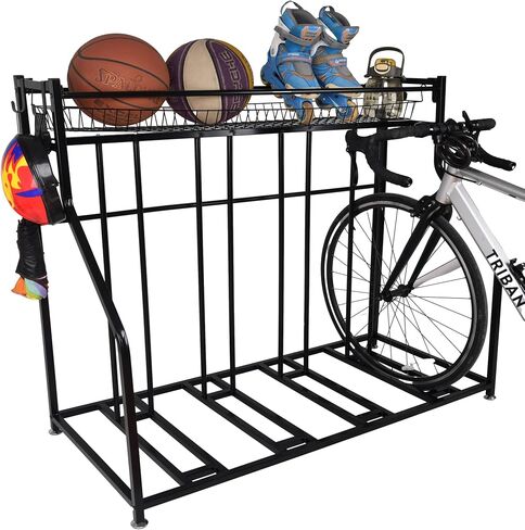 LuckySlycyc 4 Bike Rack Garage، 4 حامل دراجة للمرآب، 4 رف تخزين الدراجة، مع سلة تخزين خطافات قابلة للتعديل أرضية معدنية سوداء للدراجات لمعظم الإطارات 3 "- 4" (4 شبكات) in Kuwait