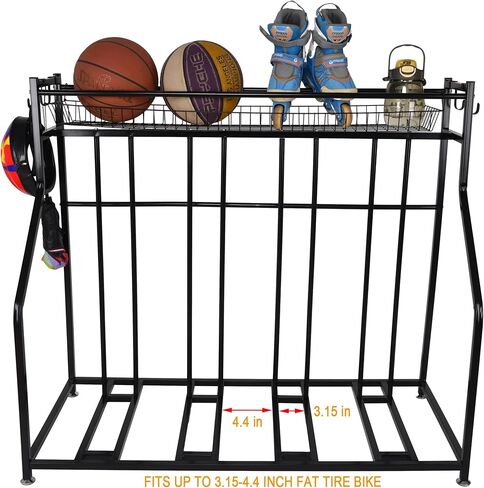 LuckySlycyc 4 Bike Rack Garage، 4 حامل دراجة للمرآب، 4 رف تخزين الدراجة، مع سلة تخزين خطافات قابلة للتعديل أرضية معدنية سوداء للدراجات لمعظم الإطارات 3 "- 4" (4 شبكات) in Kuwait