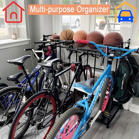 LuckySlycyc 4 Bike Rack Garage، 4 حامل دراجة للمرآب، 4 رف تخزين الدراجة، مع سلة تخزين خطافات قابلة للتعديل أرضية معدنية سوداء للدراجات لمعظم الإطارات 3 "- 4" (4 شبكات) in Kuwait