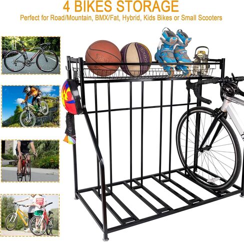 LuckySlycyc 4 Bike Rack Garage، 4 حامل دراجة للمرآب، 4 رف تخزين الدراجة، مع سلة تخزين خطافات قابلة للتعديل أرضية معدنية سوداء للدراجات لمعظم الإطارات 3 "- 4" (4 شبكات) in Kuwait