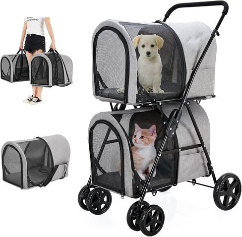 عربة حيوانات أليفة مزدوجة من LPOTIUS للكلاب والقطط مع حاملين قابلين للفصل، عربة كلب سريعة الطي للكلاب والقطط الصغيرة والمتوسطة، 4 عجلات، وردي in Kuwait