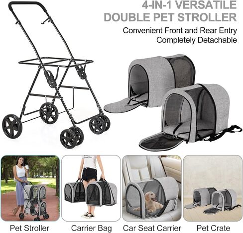 عربة حيوانات أليفة مزدوجة من LPOTIUS للكلاب والقطط مع حاملين قابلين للفصل، عربة كلب سريعة الطي للكلاب والقطط الصغيرة والمتوسطة، 4 عجلات، وردي in Kuwait