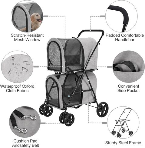 عربة حيوانات أليفة مزدوجة من LPOTIUS للكلاب والقطط مع حاملين قابلين للفصل، عربة كلب سريعة الطي للكلاب والقطط الصغيرة والمتوسطة، 4 عجلات، وردي in Kuwait