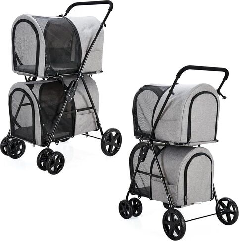 عربة حيوانات أليفة مزدوجة من LPOTIUS للكلاب والقطط مع حاملين قابلين للفصل، عربة كلب سريعة الطي للكلاب والقطط الصغيرة والمتوسطة، 4 عجلات، وردي in Kuwait