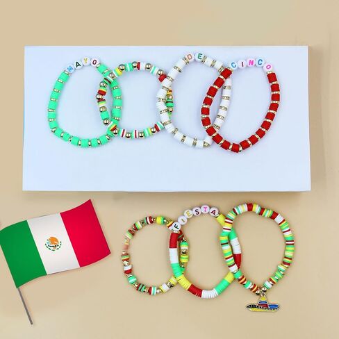 مجموعة أساور سينكو دي مايو هيشي من Artinhand مكونة من 7 قطع، أساور مطاطية قابلة للتكديس للحفلات المكسيكية فييستا بوهو كلاي للرجال والنساء، هدية مثالية لسوار الشاطئ (2402) in Kuwait