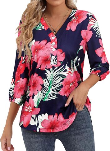 Womens 3/4 Sleeve Hawaiian Shirts V Neck Summer Floral Printed Shirt Casual Buttons Down Soft Tunic Tops in Saudi Arabia