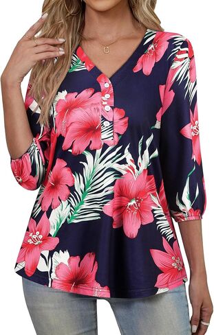 Womens 3/4 Sleeve Hawaiian Shirts V Neck Summer Floral Printed Shirt Casual Buttons Down Soft Tunic Tops in Saudi Arabia