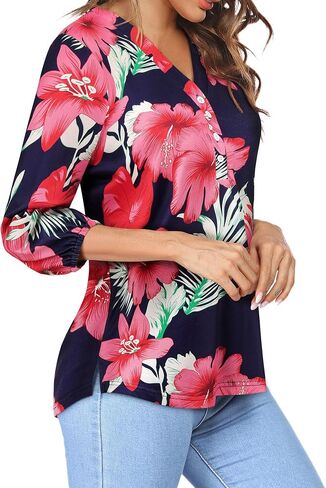 Womens 3/4 Sleeve Hawaiian Shirts V Neck Summer Floral Printed Shirt Casual Buttons Down Soft Tunic Tops in Saudi Arabia