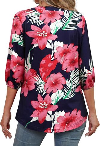 Womens 3/4 Sleeve Hawaiian Shirts V Neck Summer Floral Printed Shirt Casual Buttons Down Soft Tunic Tops in Saudi Arabia