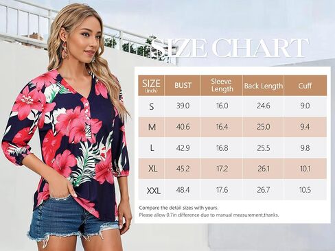Womens 3/4 Sleeve Hawaiian Shirts V Neck Summer Floral Printed Shirt Casual Buttons Down Soft Tunic Tops in Saudi Arabia