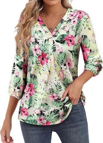 Womens 3/4 Sleeve Hawaiian Shirts V Neck Summer Floral Printed Shirt Casual Buttons Down Soft Tunic Tops in Saudi Arabia