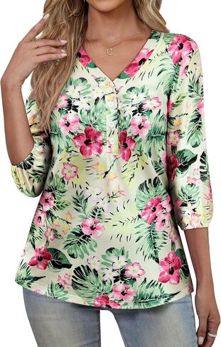 Womens 3/4 Sleeve Hawaiian Shirts V Neck Summer Floral Printed Shirt Casual Buttons Down Soft Tunic Tops in Saudi Arabia