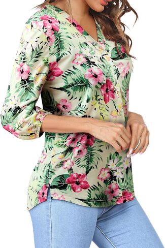 Womens 3/4 Sleeve Hawaiian Shirts V Neck Summer Floral Printed Shirt Casual Buttons Down Soft Tunic Tops in Saudi Arabia