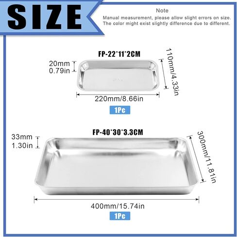 Glarks 2 Pack 304 Stainless Steel Professional Medical & Surgical Tray, 8.6" x 4.3" x 0.8" and 15.7" x 11.8" x 1.3" Flat Rectangle Tray Dental Procedure Tray for Lab Tattoo Instruments Organizer in Saudi Arabia