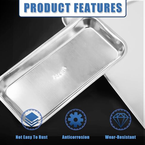 Glarks 2 Pack 304 Stainless Steel Professional Medical & Surgical Tray, 8.6" x 4.3" x 0.8" and 15.7" x 11.8" x 1.3" Flat Rectangle Tray Dental Procedure Tray for Lab Tattoo Instruments Organizer in Saudi Arabia