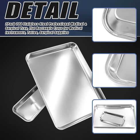 Glarks 2 Pack 304 Stainless Steel Professional Medical & Surgical Tray, 8.6" x 4.3" x 0.8" and 15.7" x 11.8" x 1.3" Flat Rectangle Tray Dental Procedure Tray for Lab Tattoo Instruments Organizer in Saudi Arabia