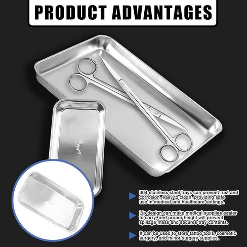 Glarks 2 Pack 304 Stainless Steel Professional Medical & Surgical Tray, 8.6" x 4.3" x 0.8" and 15.7" x 11.8" x 1.3" Flat Rectangle Tray Dental Procedure Tray for Lab Tattoo Instruments Organizer in Saudi Arabia