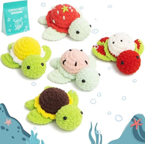 POP COCHE Crochet Kit for Beginners, Crochet Starter Kits for Adults, Amigurumi Craft Knitting Crochet Animal Kit with Step-by-Step Video Tutorials, 5 Fruite Turtles (40%+ Yarn) in Saudi Arabia