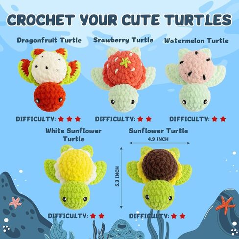 POP COCHE Crochet Kit for Beginners, Crochet Starter Kits for Adults, Amigurumi Craft Knitting Crochet Animal Kit with Step-by-Step Video Tutorials, 5 Fruite Turtles (40%+ Yarn) in Saudi Arabia