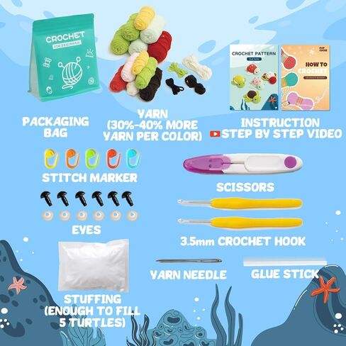 POP COCHE Crochet Kit for Beginners, Crochet Starter Kits for Adults, Amigurumi Craft Knitting Crochet Animal Kit with Step-by-Step Video Tutorials, 5 Fruite Turtles (40%+ Yarn) in Saudi Arabia