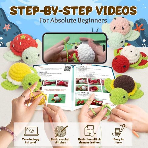 POP COCHE Crochet Kit for Beginners, Crochet Starter Kits for Adults, Amigurumi Craft Knitting Crochet Animal Kit with Step-by-Step Video Tutorials, 5 Fruite Turtles (40%+ Yarn) in Saudi Arabia