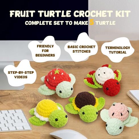 POP COCHE Crochet Kit for Beginners, Crochet Starter Kits for Adults, Amigurumi Craft Knitting Crochet Animal Kit with Step-by-Step Video Tutorials, 5 Fruite Turtles (40%+ Yarn) in Saudi Arabia