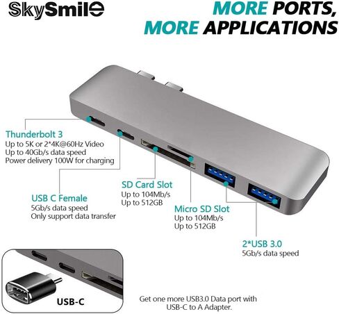 محول محور USB C مزدوج، دونجل محور من النوع C مع منفذي USB 3.0، وفتحات قارئ بطاقة TF/SD لجهاز MacBook Pro 13 بوصة 15 بوصة 2016 2017 in Kuwait