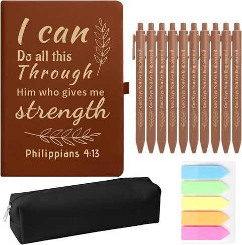 13 PCS Christian Gift Set, Prayer Notebook and 10 Bible Pen Set with Sticky Notes & Pencil Case, Bulk Inspirational Church Notes Notebook Supplies for Women Men Grandparents Church Pastor, Brown in Kuwait