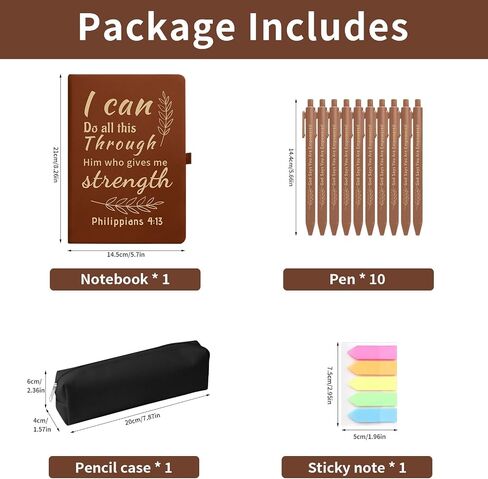 13 PCS Christian Gift Set, Prayer Notebook and 10 Bible Pen Set with Sticky Notes & Pencil Case, Bulk Inspirational Church Notes Notebook Supplies for Women Men Grandparents Church Pastor, Brown in Kuwait