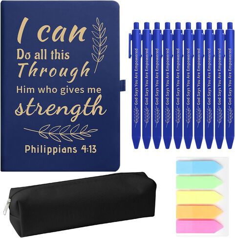 13 PCS Christian Gift Set, Prayer Notebook and 10 Bible Pen Set with Sticky Notes & Pencil Case, Bulk Inspirational Church Notes Notebook Supplies for Women Men Grandparents Church Pastor, Brown in Kuwait