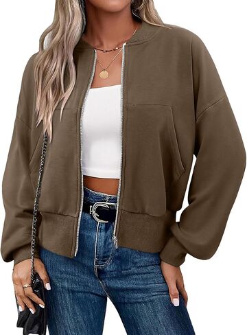 CRAZY GRID Womens Fashion Full Zip Up Sweatshirt Comfy Long Sleeve Cropped Gym Top Solid Color Outfits with Pockets in Saudi Arabia