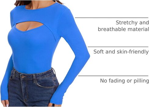 Sexy Cut Out Long Sleeve Tops for Women, Round Neck Ribbed Knit Fitted Tee T-Shirt,Open Chest Design for Going Out Tee in Saudi Arabia
