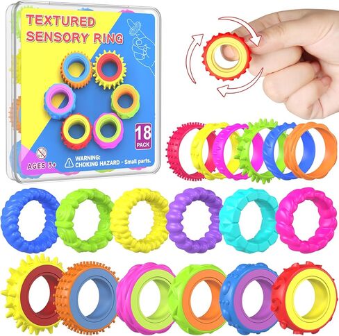 Fidget Toys Spinner Rings for Kids – Anxiety Relief Sensory Toys for Kids with Autism, ADHD Tool for Kids & Adults, Quiet Fidget Ring for Classroom Prizes & Stocking Stuffers (18 Pack Safe Rubber) in Kuwait