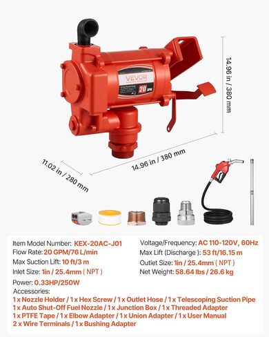 VEVOR Fuel Transfer Pump 110V, 20 GPM 76 L/min, AC Electric Oil Transfer Pump, with Auto Shut-Off Fuel Nozzle & Discharge Hose, High Flow Kit for Gasoline, Diesel, Kerosene, Biodiesel, Ethanol Blends in Saudi Arabia