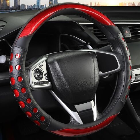 PU Leather Car Steering Wheel Cover with Anti-Slip Grip, for Women and Men, Universal Fit for 14.5-15 Inch Cars, Trucks, SUVs (Red (Round), Medium(Standard) Size[14 1/2''-15'']) in Kuwait