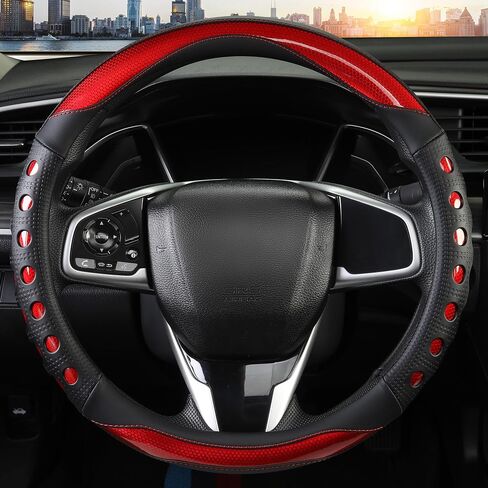 PU Leather Car Steering Wheel Cover with Anti-Slip Grip, for Women and Men, Universal Fit for 14.5-15 Inch Cars, Trucks, SUVs (Red (Round), Medium(Standard) Size[14 1/2''-15'']) in Kuwait