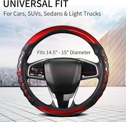 PU Leather Car Steering Wheel Cover with Anti-Slip Grip, for Women and Men, Universal Fit for 14.5-15 Inch Cars, Trucks, SUVs (Red (Round), Medium(Standard) Size[14 1/2''-15'']) in Kuwait