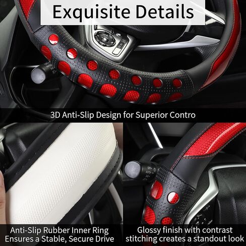 PU Leather Car Steering Wheel Cover with Anti-Slip Grip, for Women and Men, Universal Fit for 14.5-15 Inch Cars, Trucks, SUVs (Red (Round), Medium(Standard) Size[14 1/2''-15'']) in Kuwait